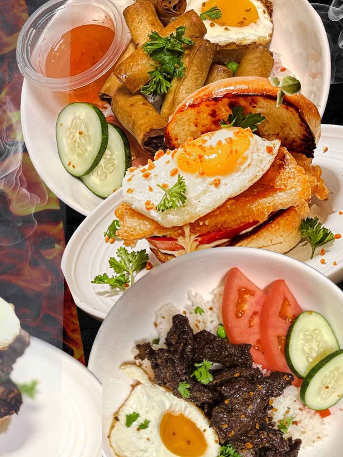 Pork lumpia, a crispy pork belly sandwich and a beef tapa rice bowl served together